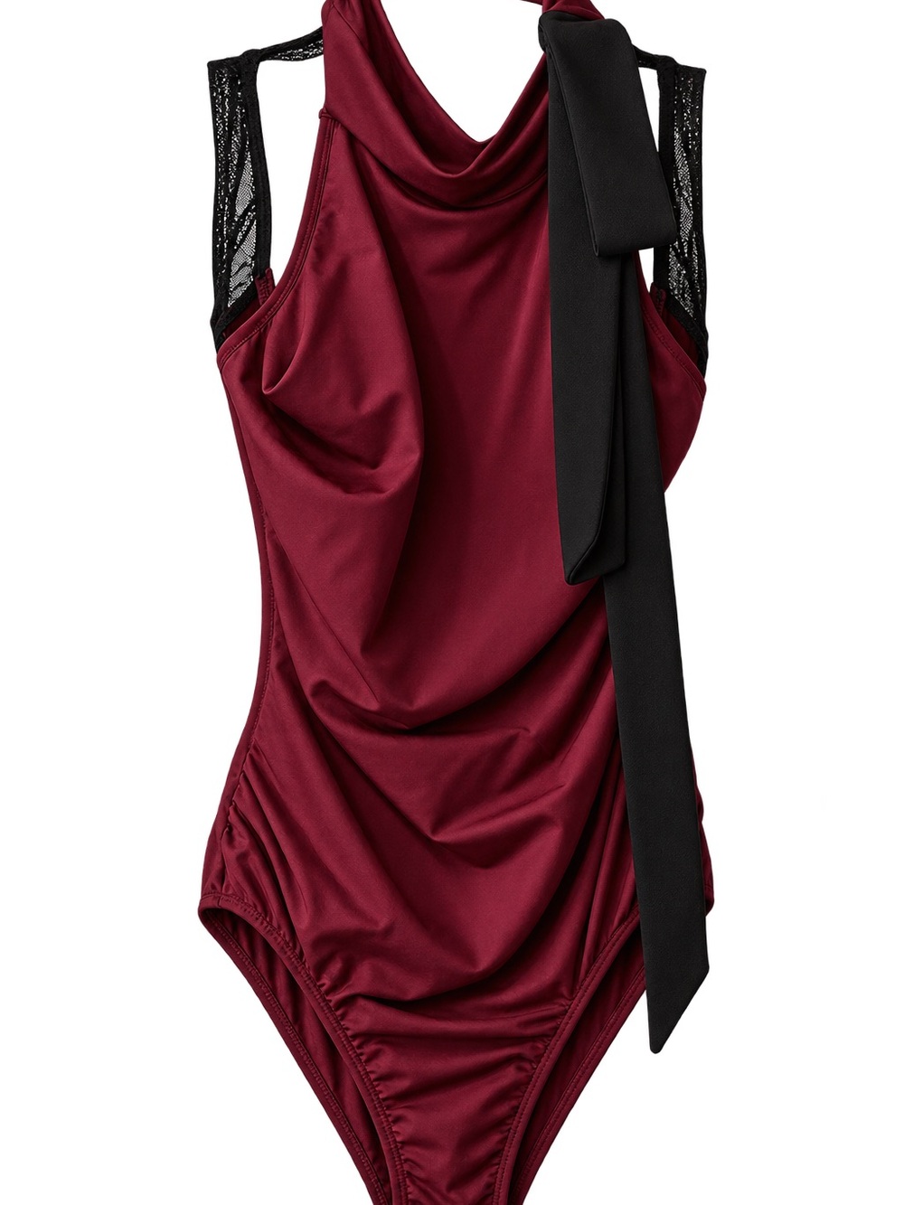 Motionwear Burgundy Ballet Dance Leotard Black Bow Lace Straps Backless Halter